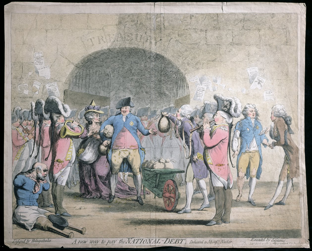 A New Way to Pay the National Debt, udgivet af W. Holland i 1786 (håndkoloreret radering og gravering) af James Gillray