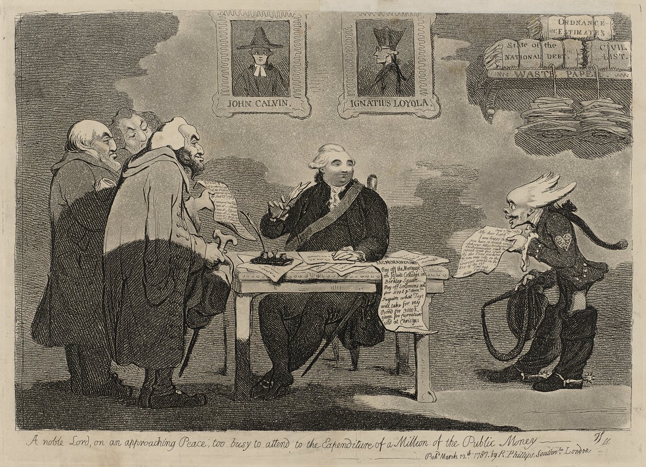 En ædel Herre, der nærmer sig fred, for travlt til at tage sig af udgifterne til en million af de offentlige penge [verso] af James Gillray
