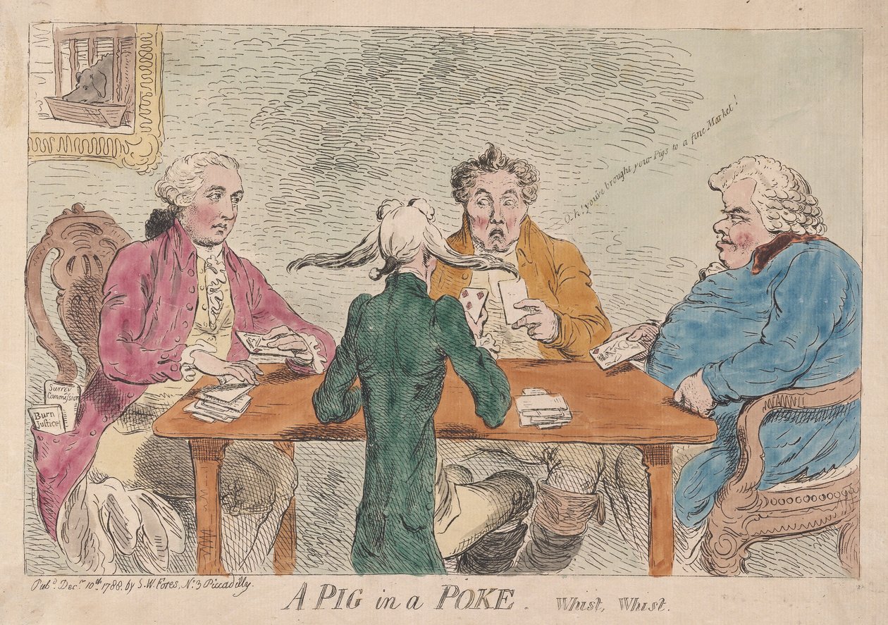 A Pig in a Poke, Whist, Whist, pub. 1788 (håndfarvet gravering) af James Gillray