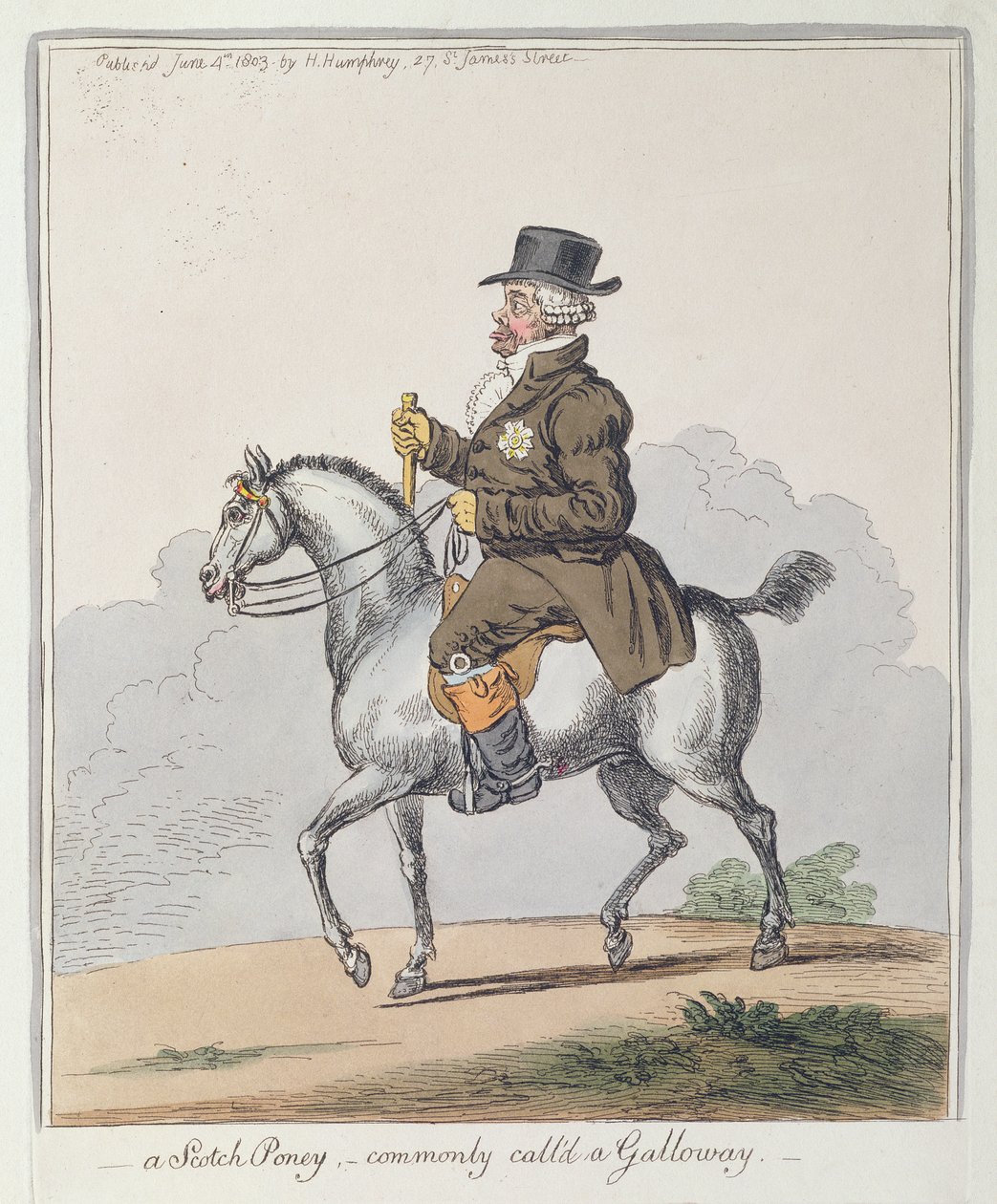 A Scotch Poney, almindeligvis kaldet en Galloway, udgivet af Hannah Humphrey i 1803 (håndfarvet radering) af James Gillray