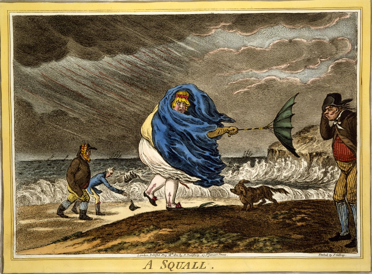 A Squall, pub. H Humphrey, London, 1810 (håndfarvet gravering) af James Gillray