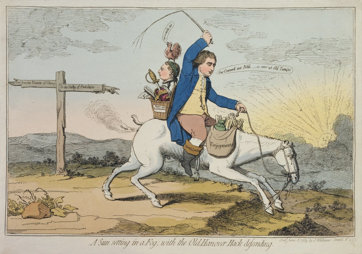 En solnedgang i tågen, med Old Hanover Hack forsvarende, udgivet af J. Williams i 1783 (håndfarvet radering) af James Gillray