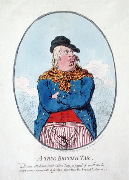 A True British Tar, udgivet af Hannah Humphrey i 1795 (håndfarvet radering) af James Gillray