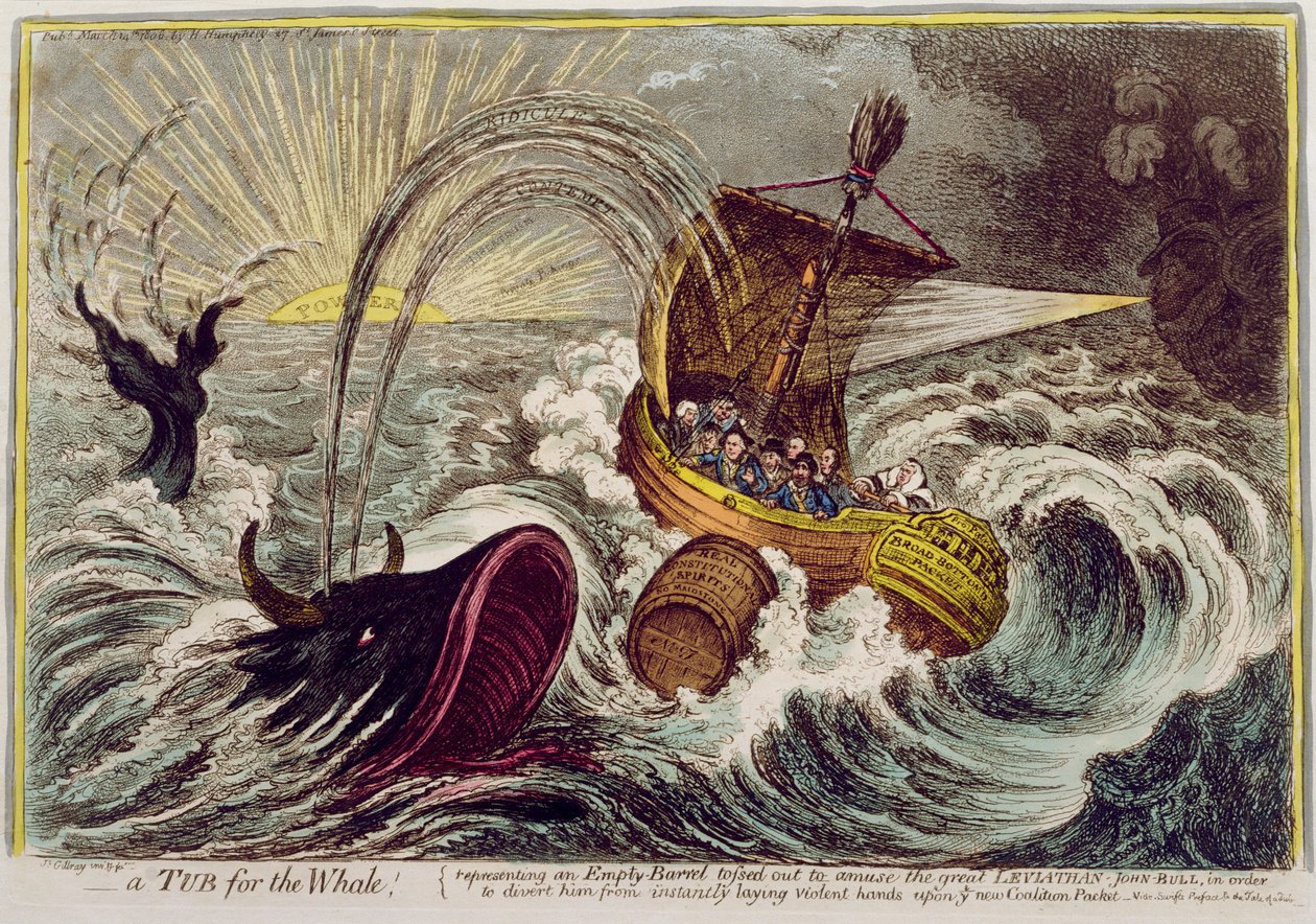 Et badekar til hvalen! udgivet af Hannah Humphrey i 1806 (håndfarvet radering) af James Gillray