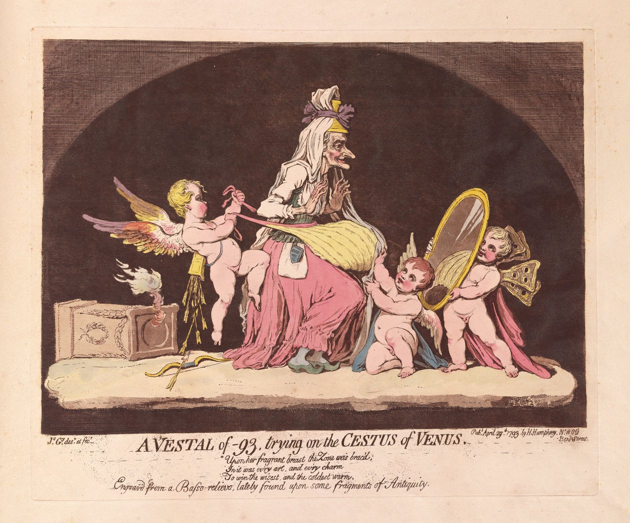 En Vestal af -93, der prøver på Venus Cestus, pub. 1793 (håndkoloreret gravering) af James Gillray