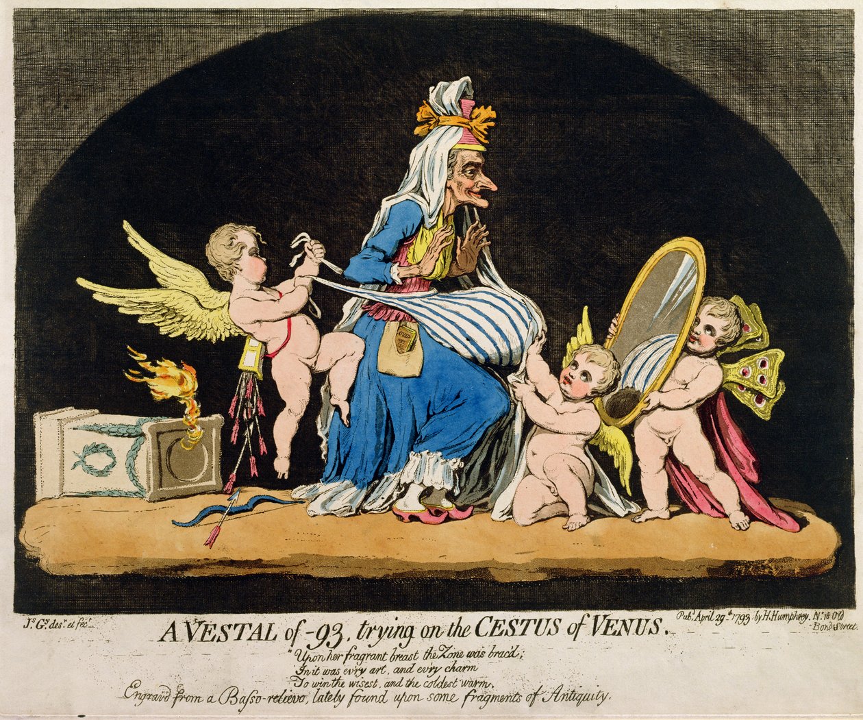 En vestal fra -93, der forsøger på Venus Cestus, udgivet af Hannah Humphrey i 1793 (håndfarvet radering og gravering med akvatint) af James Gillray