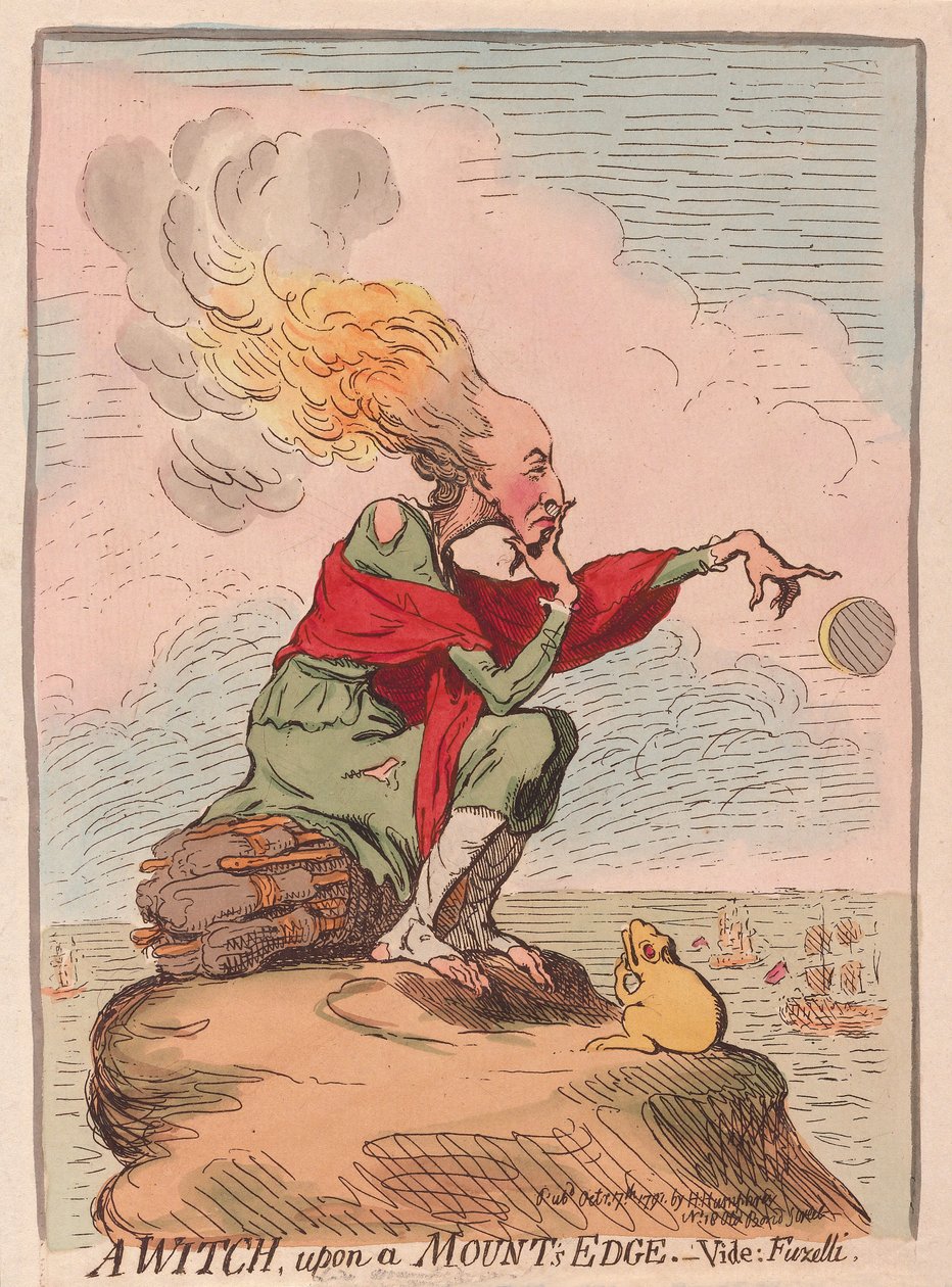 En heks på en bjergkant; vide; Fuzelli, pub. 1791 (håndfarvet gravering) af James Gillray