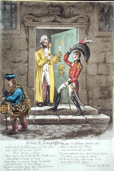 Et tip til unge officerer, udgivet af Hannah Humphrey i 1804 (håndfarvet radering) af James Gillray
