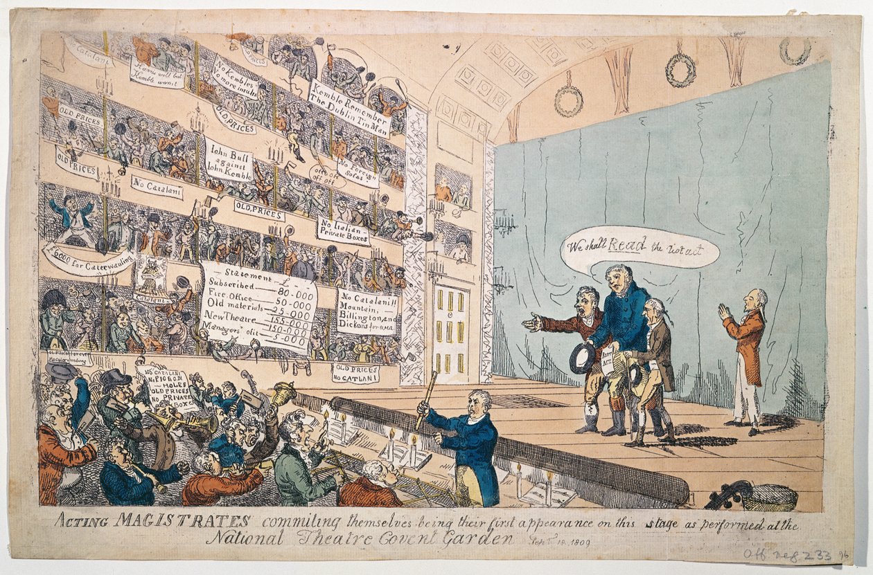 Acting Magistrates committing themselves, being their first appearance as performed at the National Theatre Covent Garden, udgivet i 1809 (håndkoloreret radering) af James Gillray