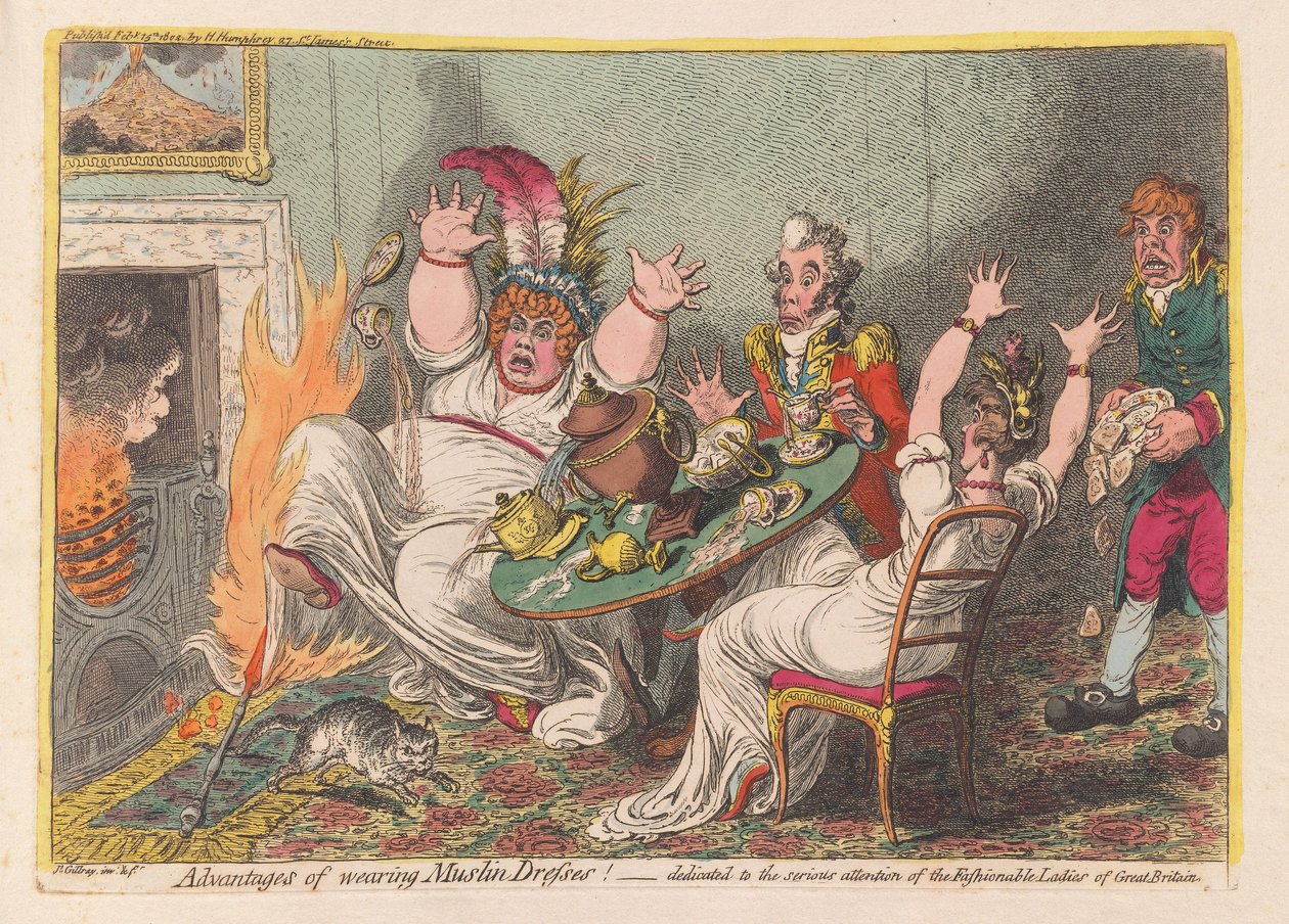Fordele ved at bære Muslin Kjoler!, pub. 1802 (håndfarvet gravering) af James Gillray