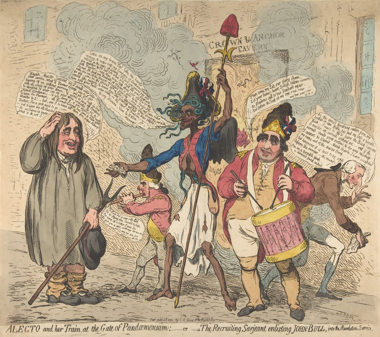 Alecto og hendes tog, ved porten til Pandaemonium:-eller-den rekrutterende Sarjeant Enli..., 4. juli 1791. af James Gillray