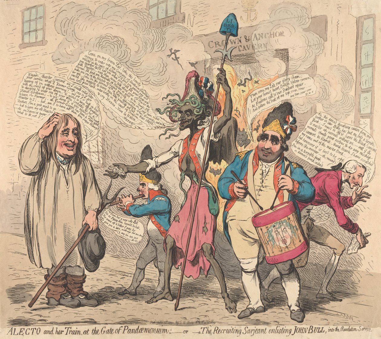 Alekto og hendes følge ved Pandæmoniums port - eller - Den rekrutterende sergent, der hverver John Bull til revolutionstjenesten af James Gillray
