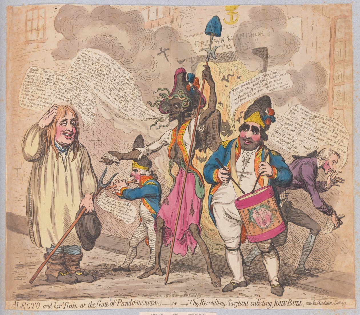 Alecto og hendes Train at the Gate of Pandaemonium eller The Recruiting Sarjeant, der hverver John Bull til Revolution Service, pub. (håndfarvet gravering) af James Gillray