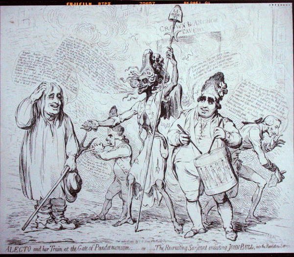 Alecto og hendes Train at the Gate of Pandemonium, eller The Recruiting Serjeant, der hverver John Bull til Revolution Service, udgivet af S.W. Fores i 1791 (ætsning) af James Gillray