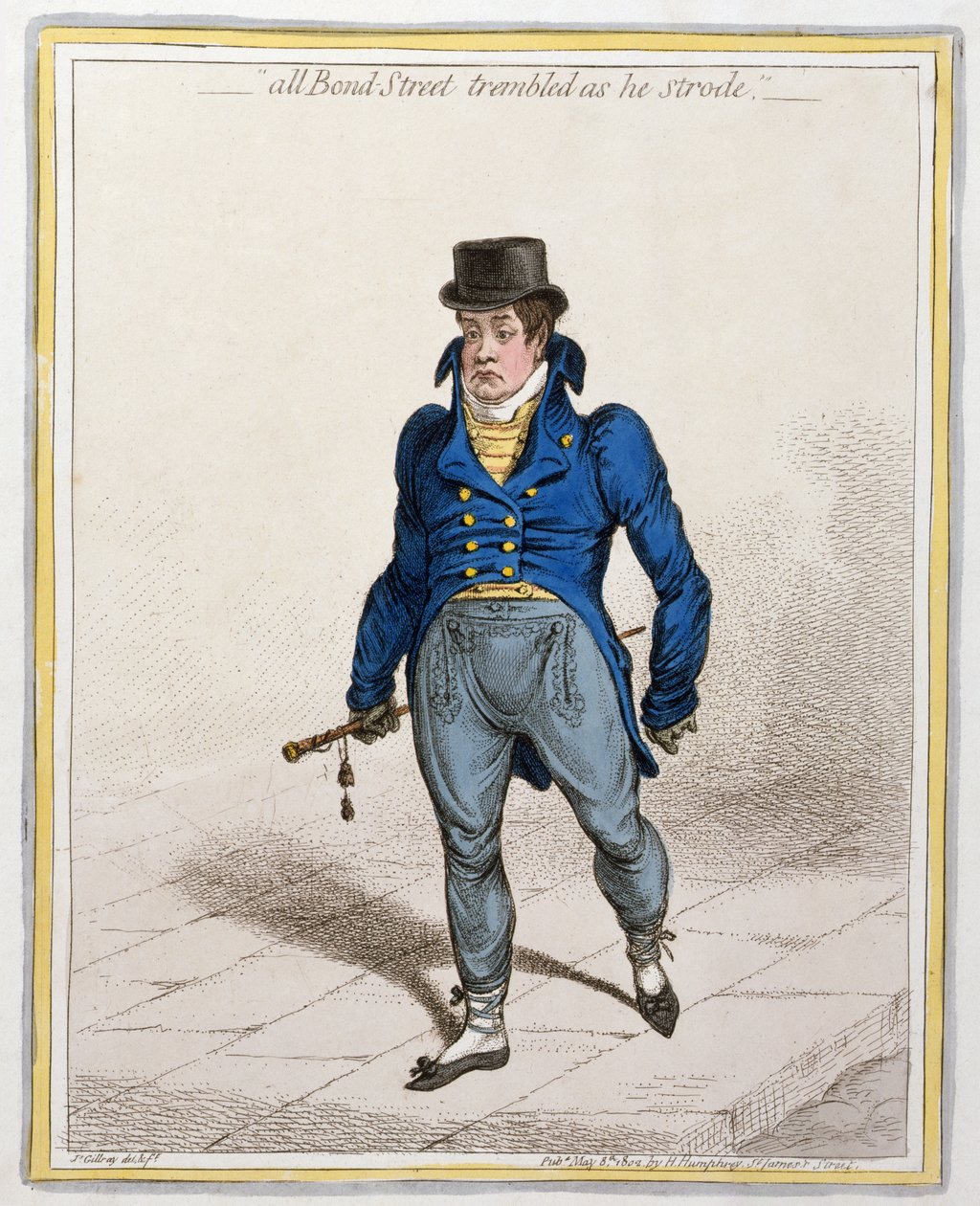 All Bond Street Trembled as he Strode, udgivet af Hannah Humphrey, 1802 (ætsning og gravering) af James Gillray