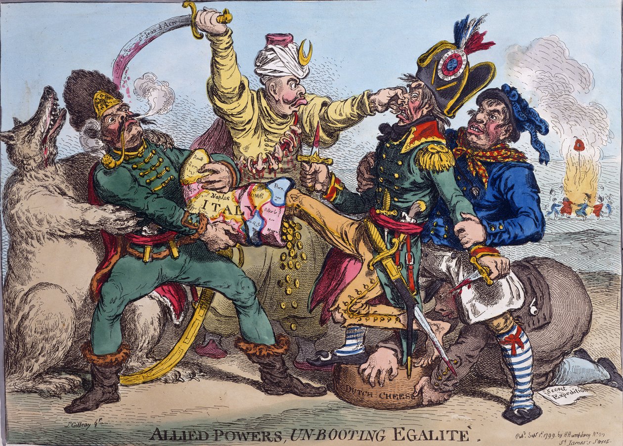 Allied Powers Un-Booting Egalite, udgivet af Hannah Humphrey i 1799 (håndfarvet radering) af James Gillray