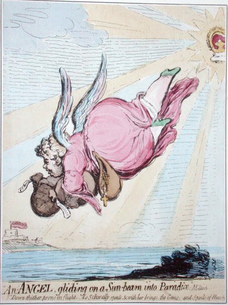 En engel, der glider på en solstråle ind i paradis (håndfarvet radering) af James Gillray