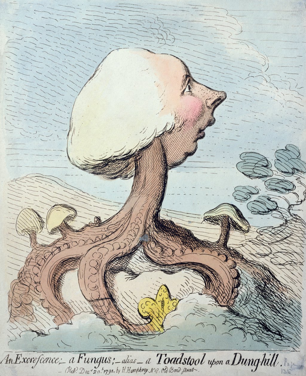 En Udbredelse; En Svamp; Alias - A Toadstool upon a Dung-hill, udgivet af Hannah Humphrey i 1791 (radering med wc) af James Gillray
