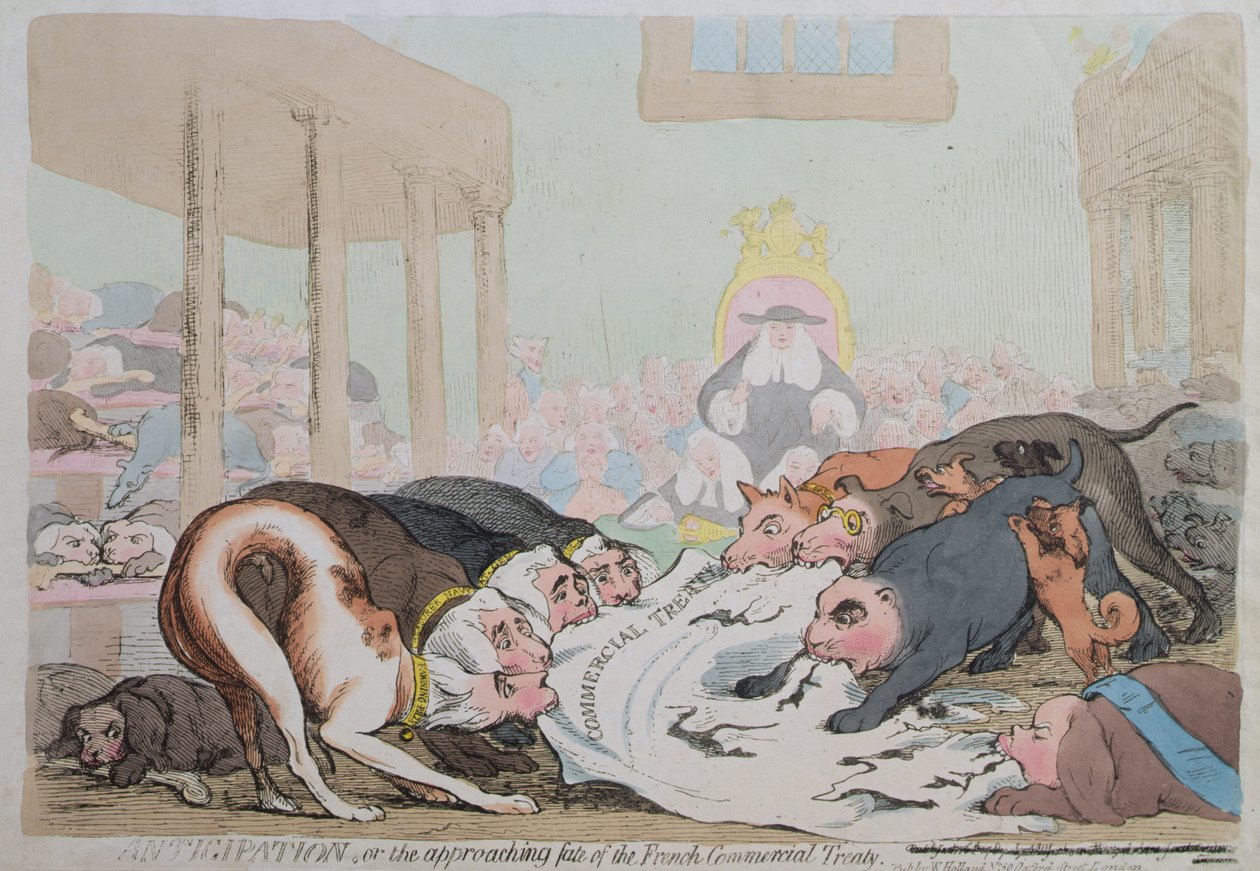 Anticipation, eller The Approaching Fate of the French Commercial Treaty, udgivet af W. Holland i 1786 (håndkoloreret radering) af James Gillray