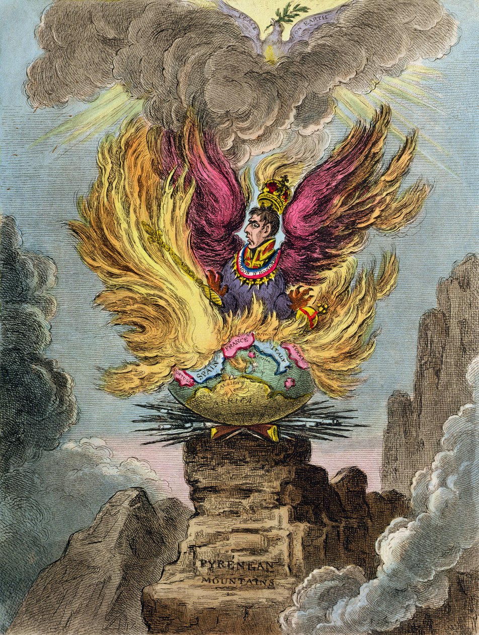 Apotheosis of the Corsican Phoenix, udgivet af Hannah Humphrey i 1808 (håndfarvet radering) af James Gillray