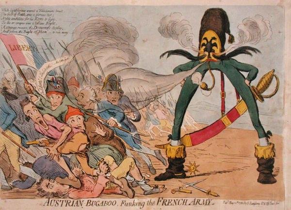 Østrigske Bugaboo Funking the French Army, udgivet af Hannah Humphrey i 1795 (håndfarvet radering) af James Gillray