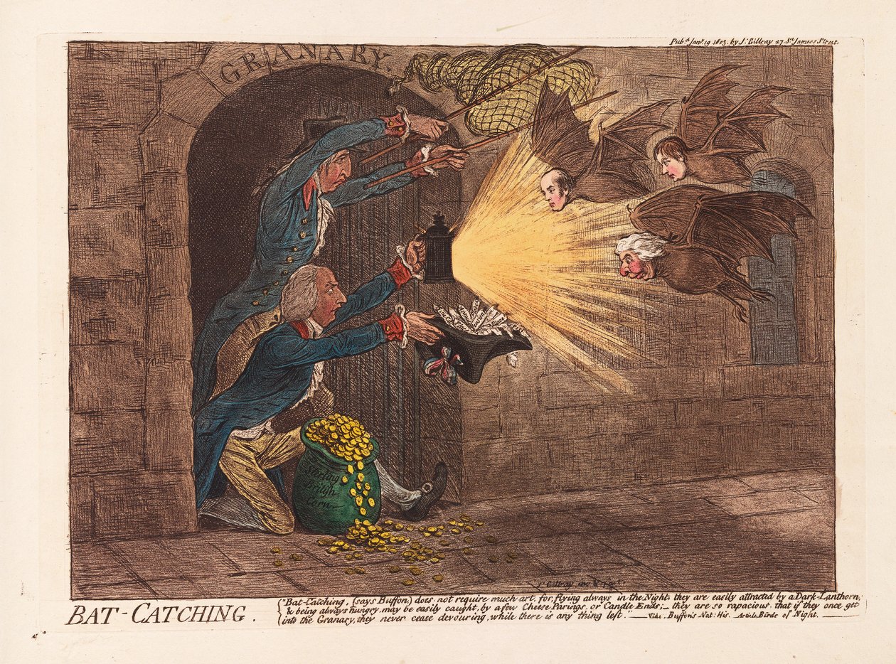 Flagermusfangst, pub. 1803 (håndfarvet gravering) af James Gillray