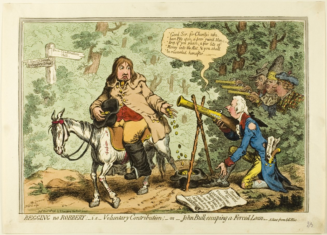 Tiggeri er ikke røveri; dvs. frivilligt bidrag eller John Bull, der undslipper et påtvunget lån af James Gillray
