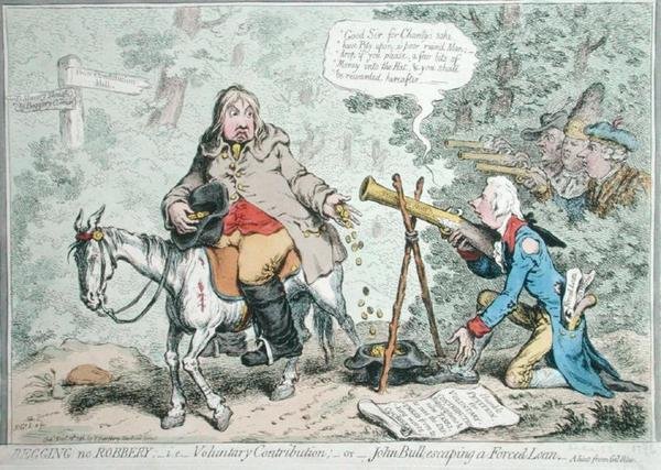 Begging no Robbery: dvs. frivilligt bidrag, eller John Bull undslipper et tvungen lån, udgivet af Hannah Humphrey i 1796 (håndfarvet radering) af James Gillray