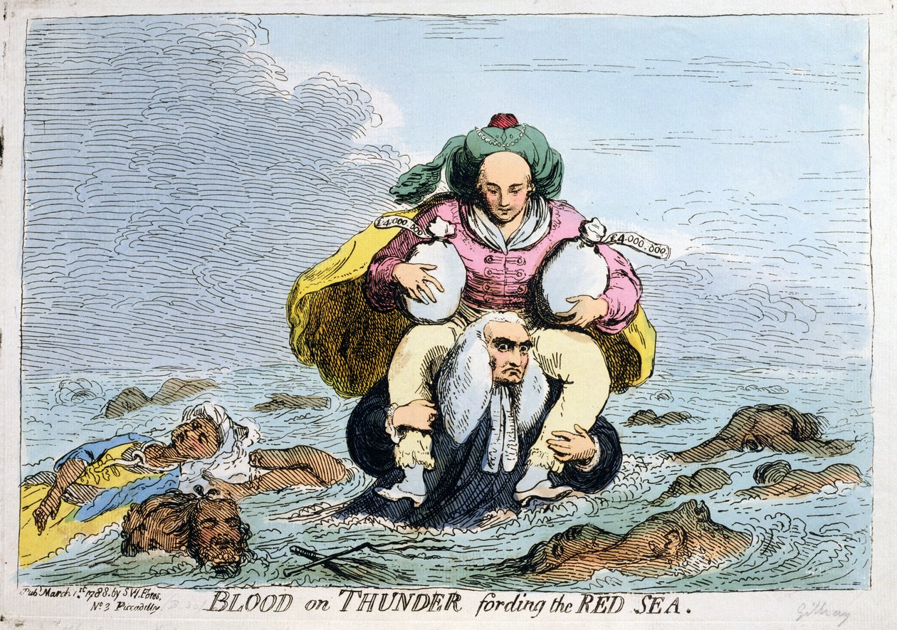 Blood on Thunder fording the Red Sea, udgivet af S.W. Fores i 1788 (håndkoloreret radering) af James Gillray