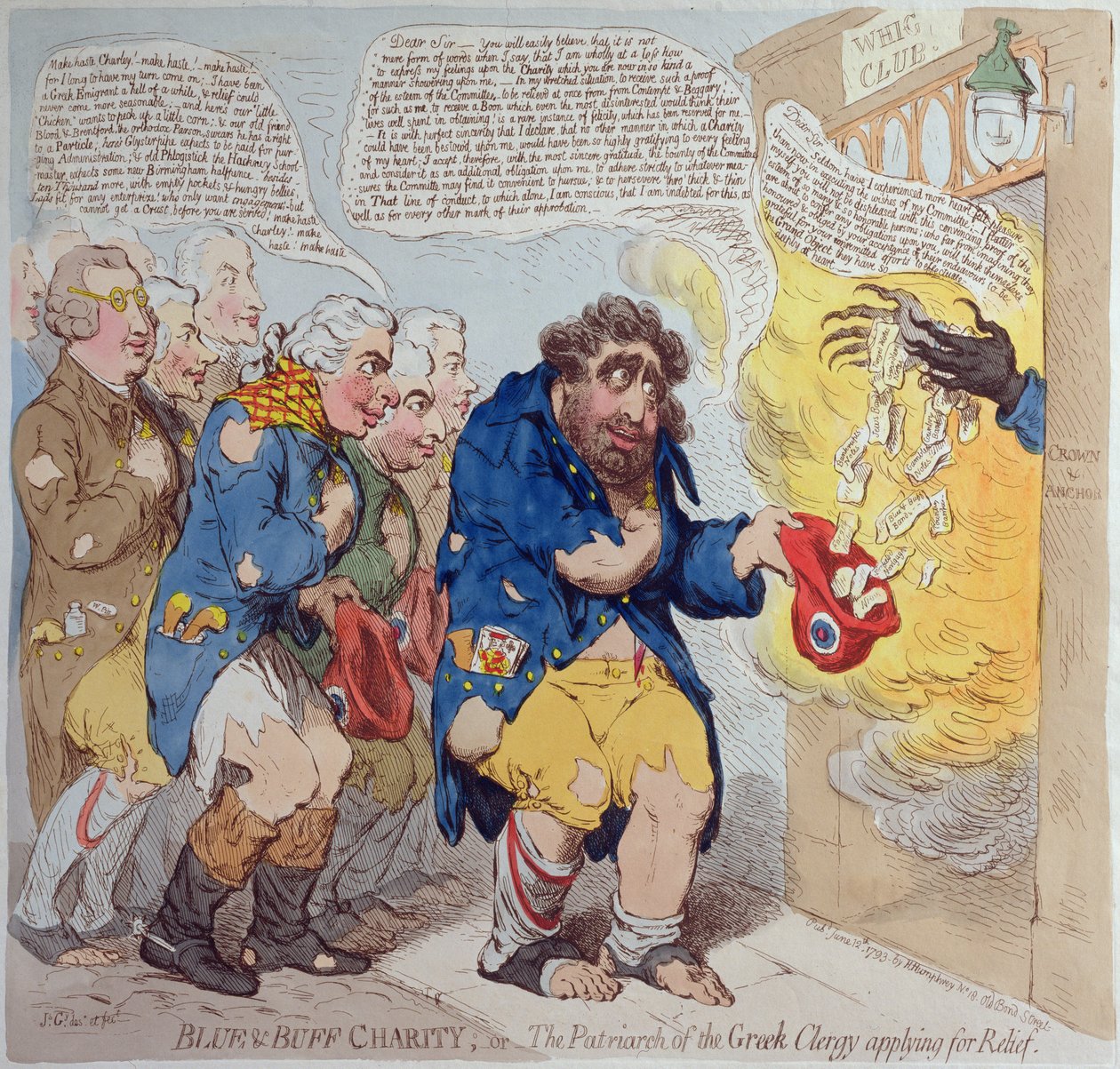 Blue und Buff Charity, eller The Patriarch of the Greek Clergy, der ansøger om nødhjælp, udgivet af Hannah Humphrey i 1793 (håndfarvet radering) af James Gillray