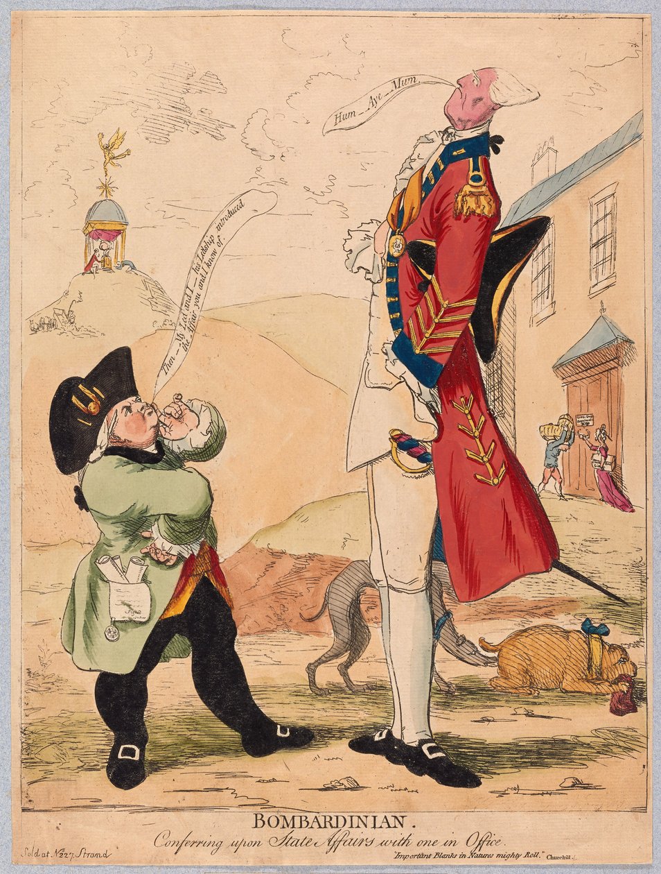 Bombardinian, konfererer om statsanliggender med en i embedet, pub. 1779 (håndfarvet gravering) af James Gillray
