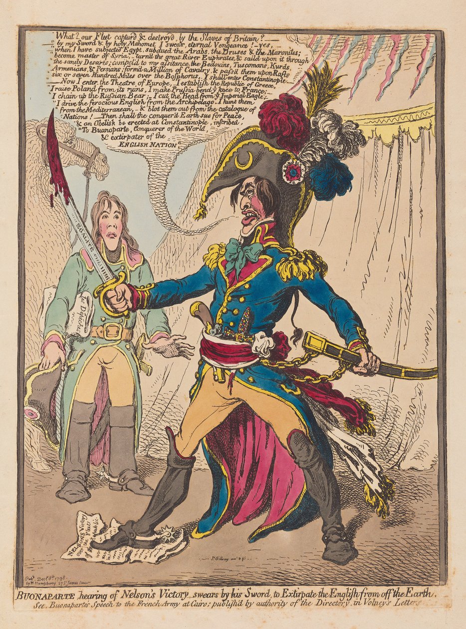 Bonaparte, der hører om Nelsons Victory, sværger ved sit sværd for at udrydde englænderne fra jorden, pub. 1798 (håndkoloreret gravering) af James Gillray