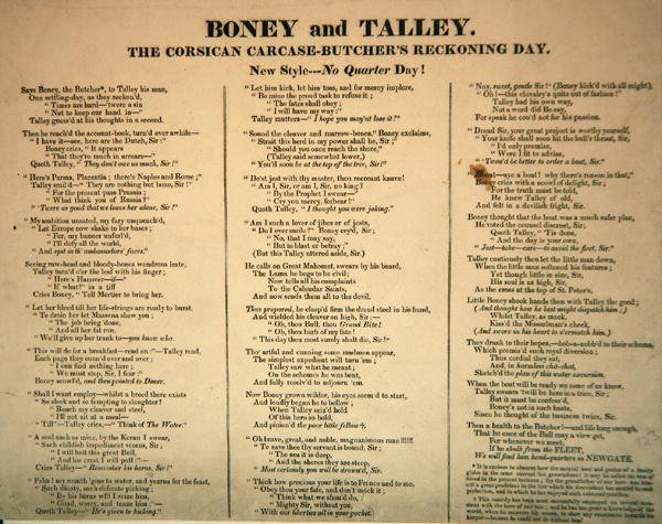 Boney and Talley, The Corsican Carcase - Butchers Reckoning Day, udgivet af Hannah Humphrey, 1803 (balladetekst, der ledsager 253713) af James Gillray