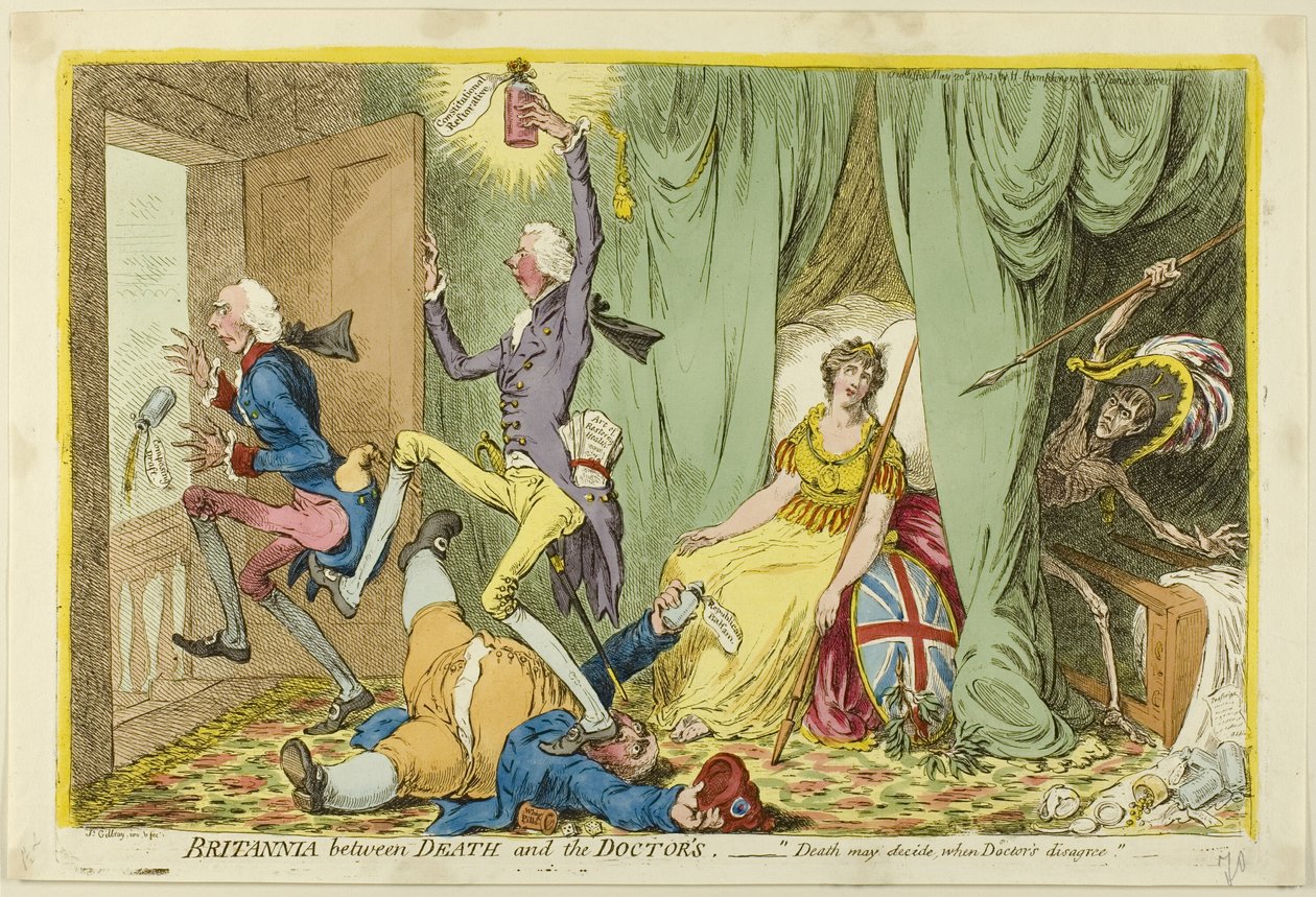 Britannia mellem døden og lægerne af James Gillray