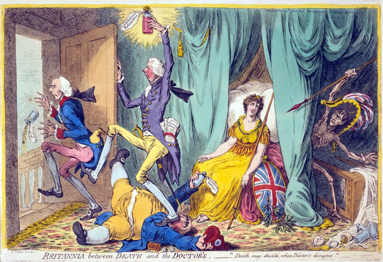 Britannia mellem døden og lægerne, pub. Hannah Humphrey, 20. maj, 1804 (håndfarvet gravering) af James Gillray