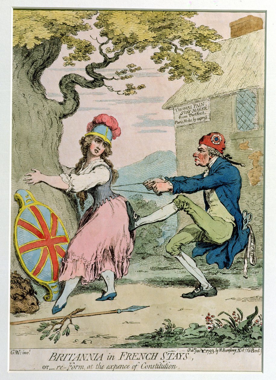 Britannia in French Stays, or Re-Form at the Expense of Constitution, udgivet af Hannah Humphrey i 1793 (håndfarvet radering) af James Gillray