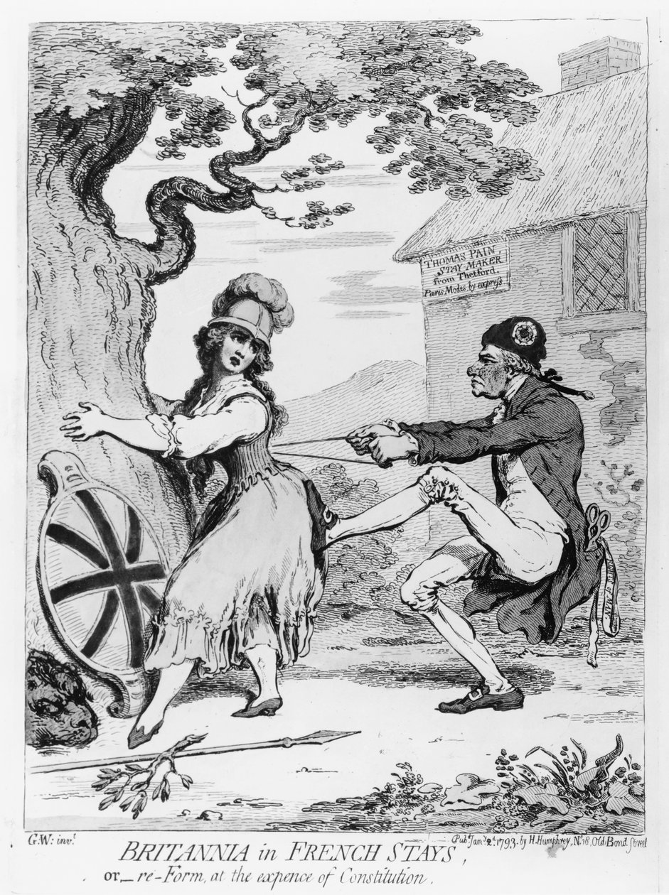 Britannia in French Stays, or Re-Form at the Expense of Constitution, udgivet af Hannah Humphrey i 1793 (radering) af James Gillray