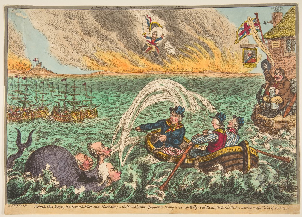 Britiske tjærer slæber den danske flåde ind i havnen, den bredbundede Leviathan t..., 1. oktober 1807. af James Gillray