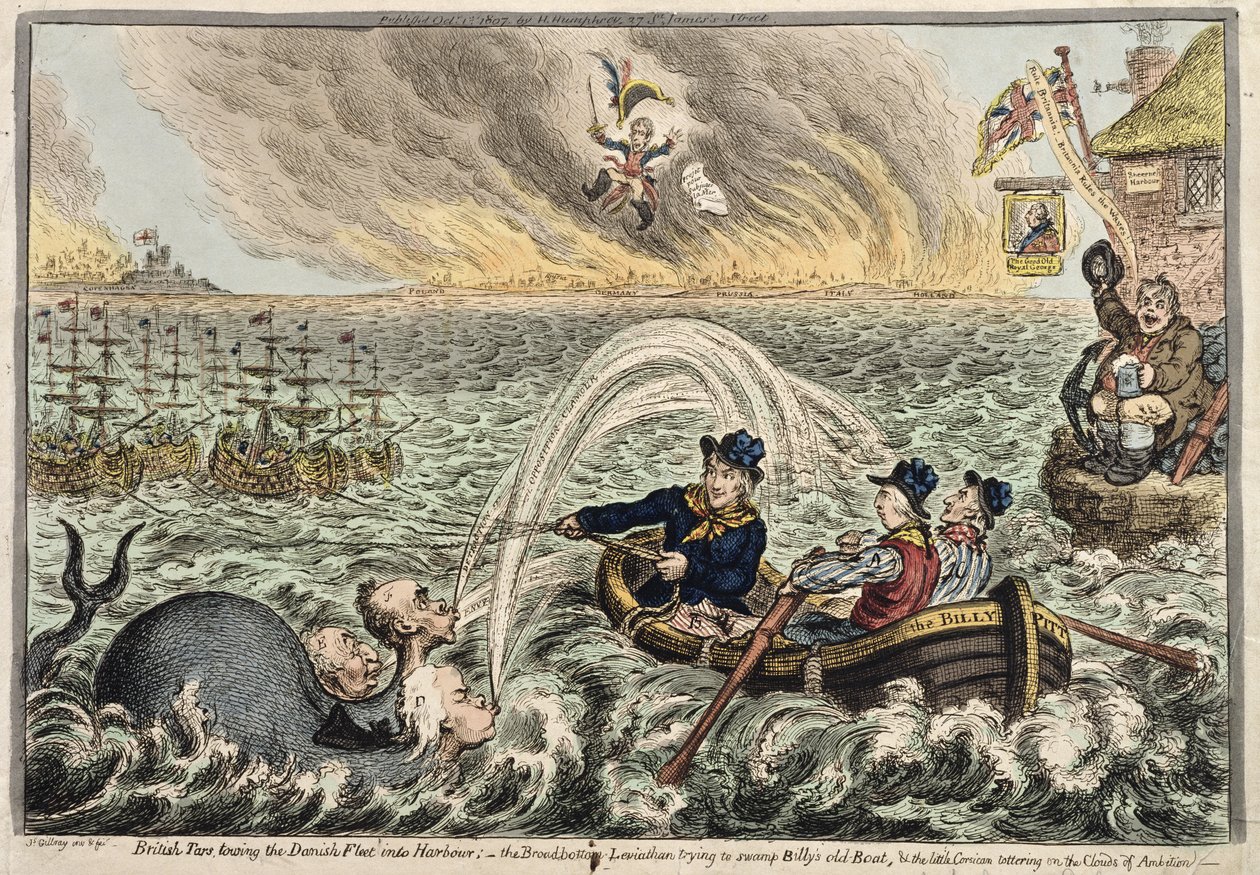 Britiske tjærer, der slæber den danske flåde ind i havnen, eller The Broadbottom Leviathan, der forsøger at oversvømme Billys gamle båd, og den lille korsikaner, der vakler på ambitionernes skyer, 1807 (håndfarvet radering af James Gillray