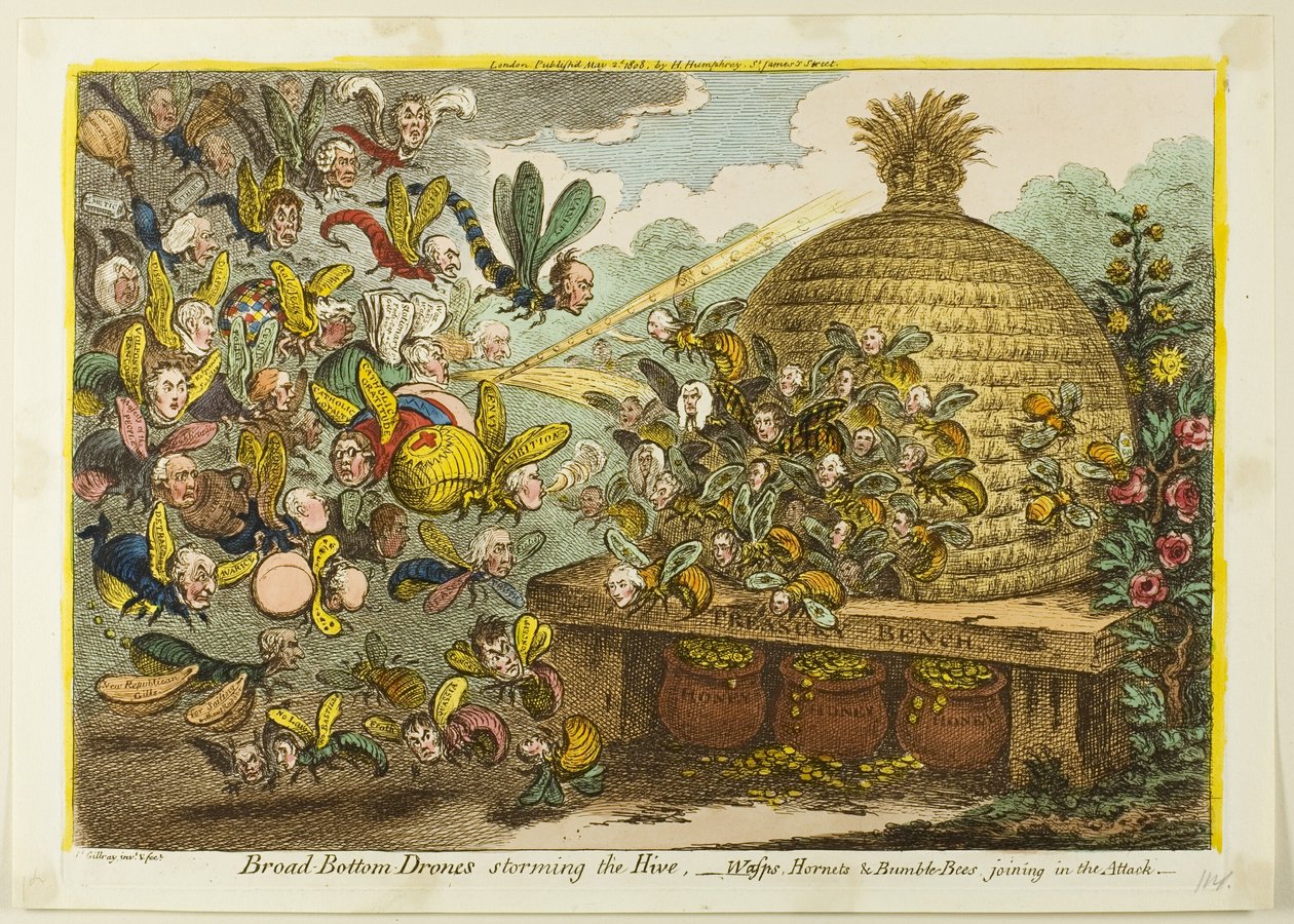 Droner på bred bund stormer bikuben af James Gillray