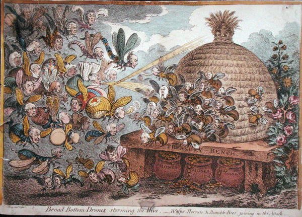 Bredbundsdroner, der stormer bikuben, hvepse, hornets og humlebier, der deltager i angrebet, udgivet af Hannah Humphrey i 1808 (håndfarvet radering) af James Gillray