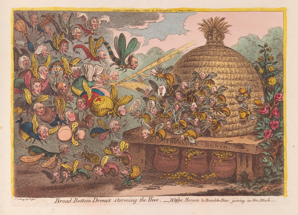 Droner med bred bund, der stormer bikuben: Hvepse, hornets og humlebier slutter sig til angrebet, pub. 1808 (håndfarvet gravering) af James Gillray