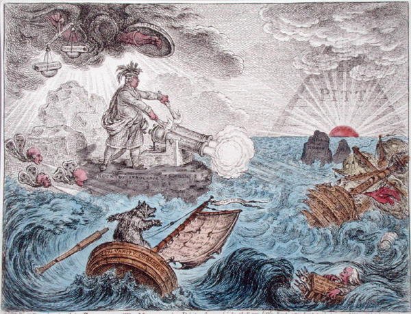 Bruin in his Boat, or The Manager in Distress, udgivet af Hannah Humphrey i 1806 (håndfarvet radering) af James Gillray