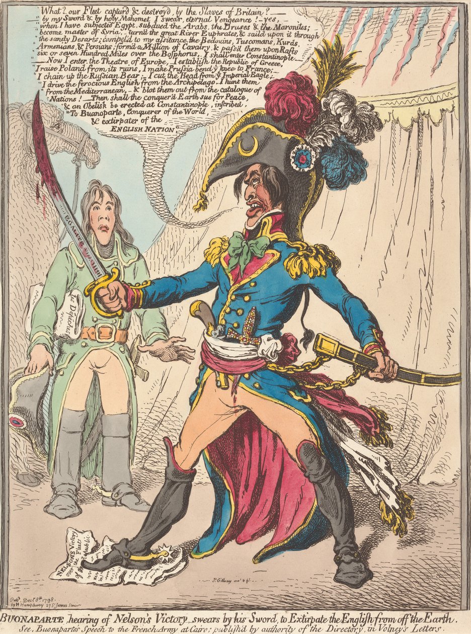 Buonaparte, der hører om Nelsons sejr, sværger ved sit sværd at udslette englænderne fra jordens overflade (fra: Karikatur, bd. 1) af James Gillray