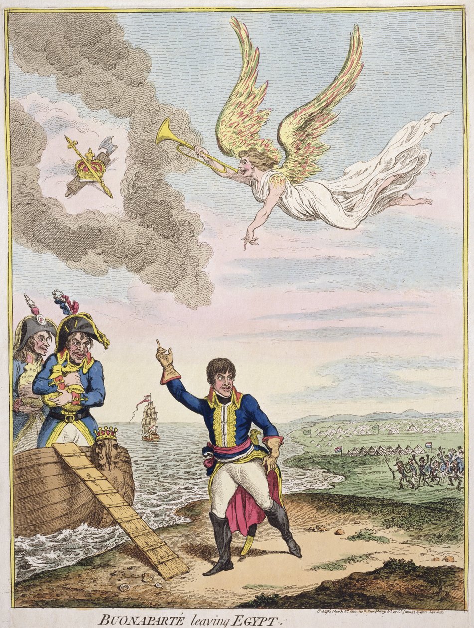 Buonaparte forlader Egypten, udgivet af Hannah Humphrey i 1800 (håndfarvet radering) af James Gillray