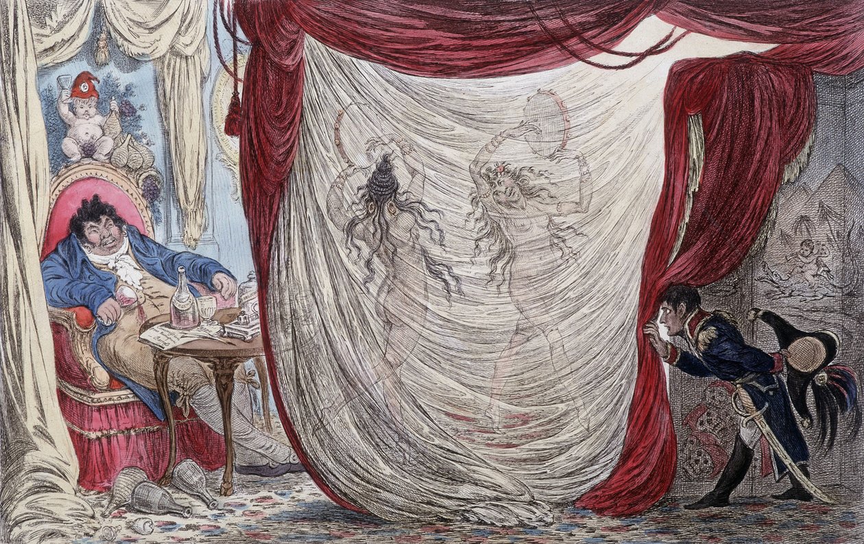 Tegnefilm om Napoleon, Paul Barras, Josephine og Mademoiselle de Fontenay, kaldet ausii Teresa (Theresa eller Terezia) Cabarrus, kaldet Madame Tallien (Talien) eller disse damer danser nøgne for Barras, under Napoleons stealth eye [Josephine væsen, kl. af James Gillray