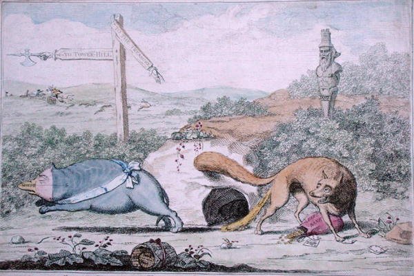 Changing Places, eller Ræv, der stinker Grævlingen ud af sin Rede, udgivet af William Humphrey i 1782 (håndfarvet radering) af James Gillray