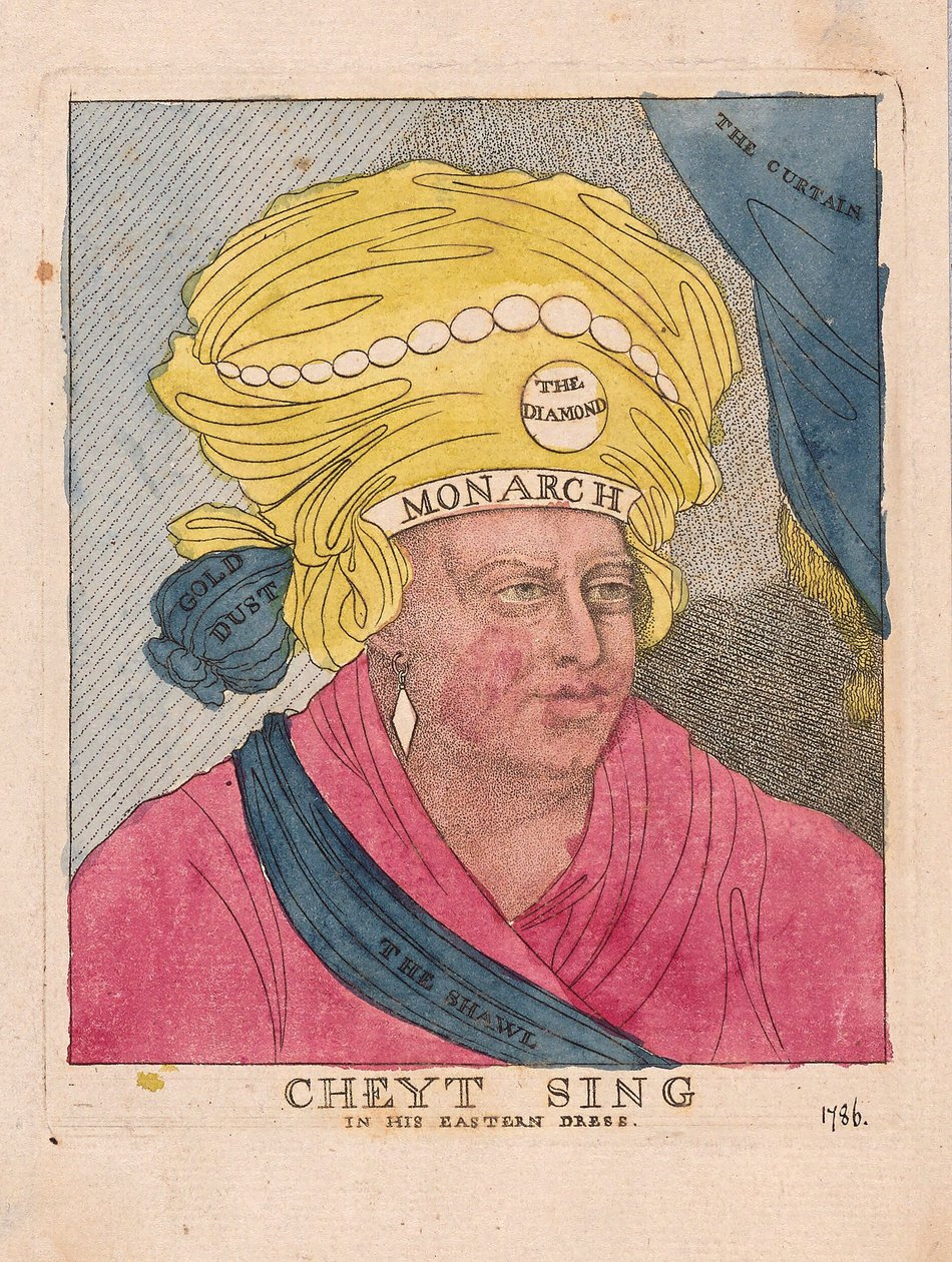 Cheyt Sing in his Eastern Dress, pub. 1786 (håndfarvet gravering) af James Gillray