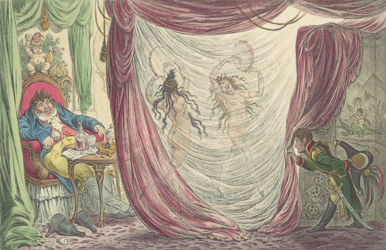 Ci-devant Occupations, eller, Madame Talian og kejserinden Josephine Dancing Na..., 20. februar 1805. af James Gillray