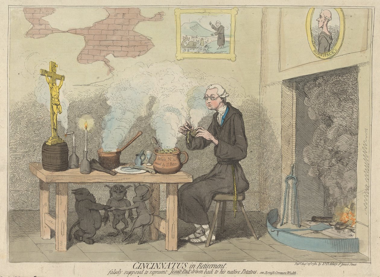 Cincinnatus i pension, fejlagtigt antaget at forestille jesuitten-Pad, der drives tilbage til sine hjemlige kartofler. (fra: Karikatur, bd. 2) af James Gillray